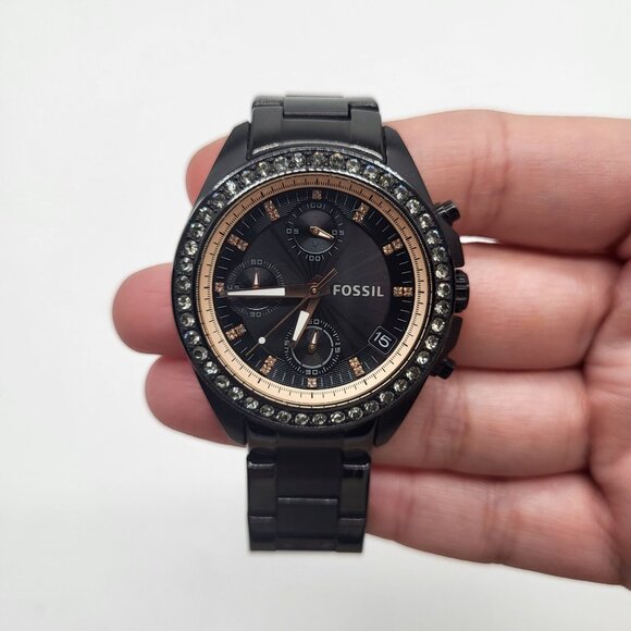 FOSSIL Women's Decker Watch Black Rhinestone Gold Tone - Picture 3 of 13